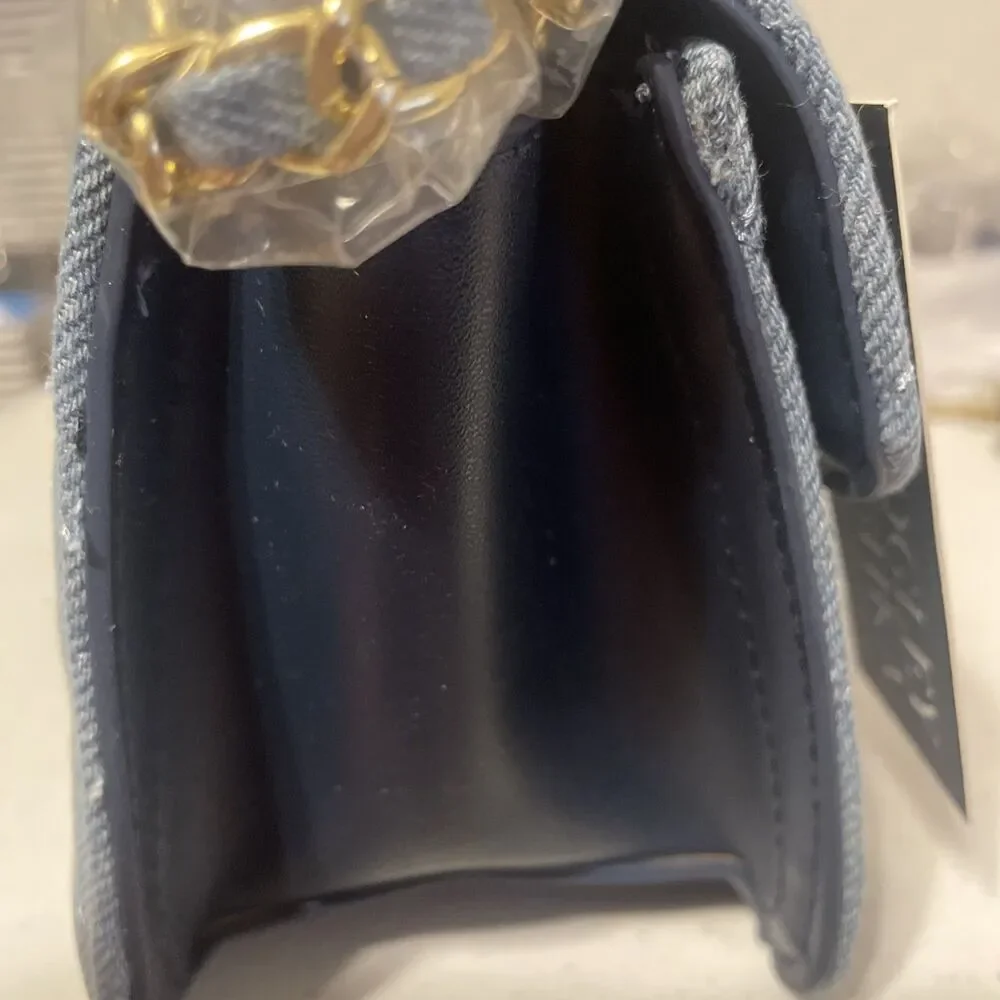 Badgley Mischka Quilted Blue Denim Crossbody Hand Bag Purse Gold Chain